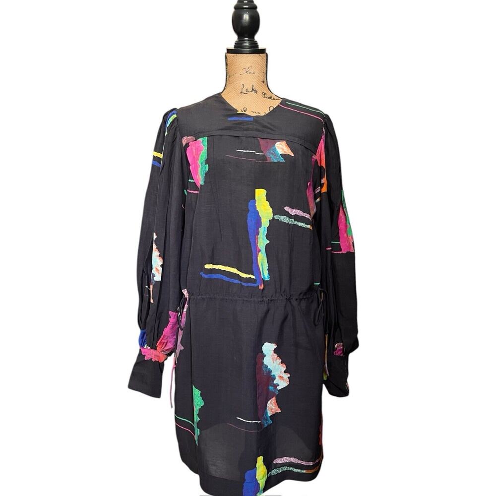 H&M STUDIO COLLECTION 2020 BLACK MULTI COLOR ABSTRACT LINEN BLEND SHIFT SMALL S